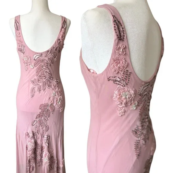 Vintage Sue Wong Silk Beaded Midi Maxi Gown 8 Blush Pink Y2K Fairy Floral Prom - Picture 4 of 10